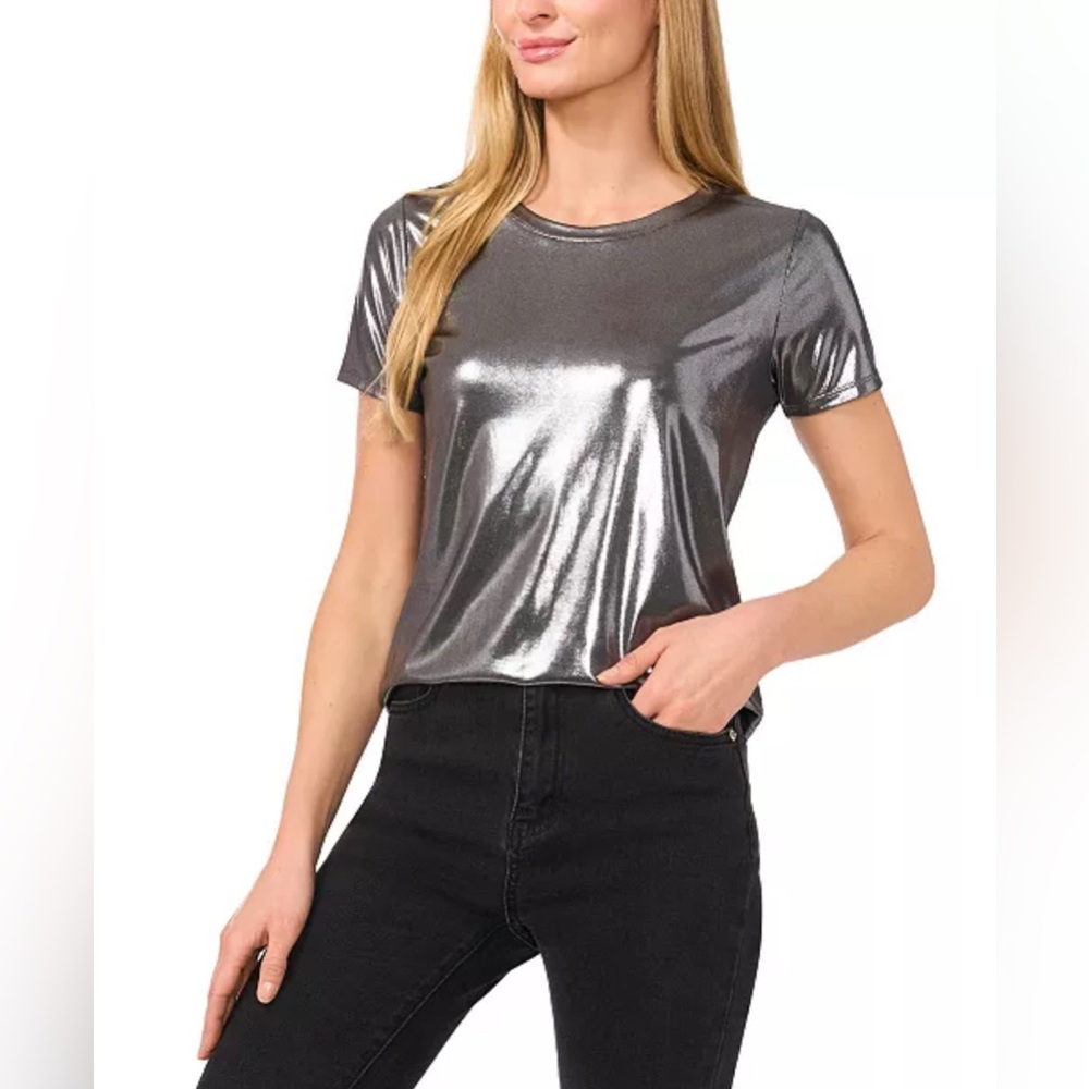 CeCe Women's Metallic Shine Short Sleeve T-Shirt
Color: Gunmetal
Size: Small